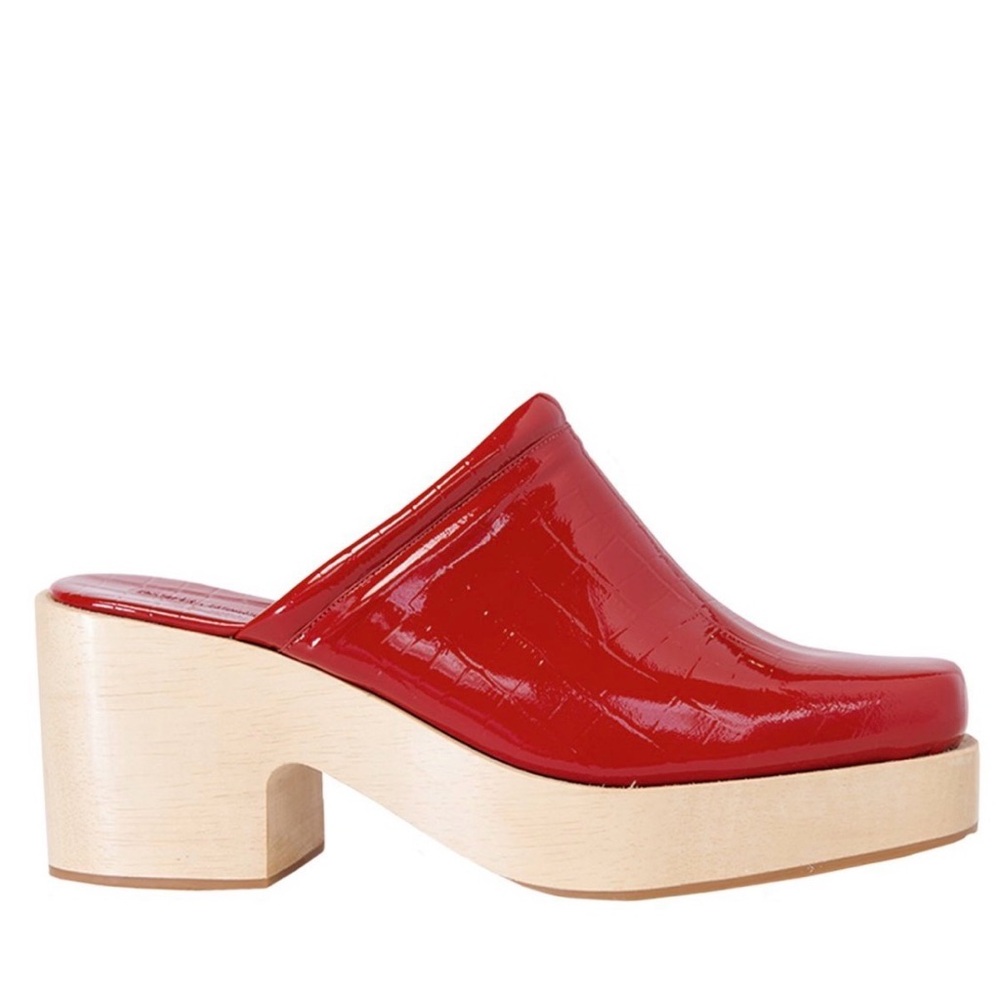 Rachel Comey Salta Clog red patent leather square toe wooden platform Clog